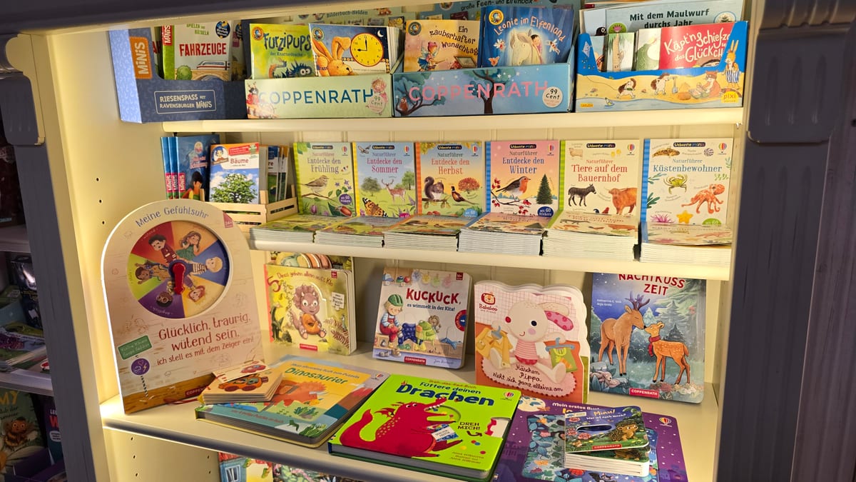 Kinderbuchregal mit Pappbilderbüchern und Sachbüchern bei SPIELschlau in Jena